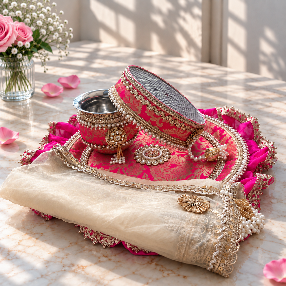 Tyohaar Rani Karwa Chauth Thaali Set of 4 (Thaali, Channi, Lota, Cover Up)