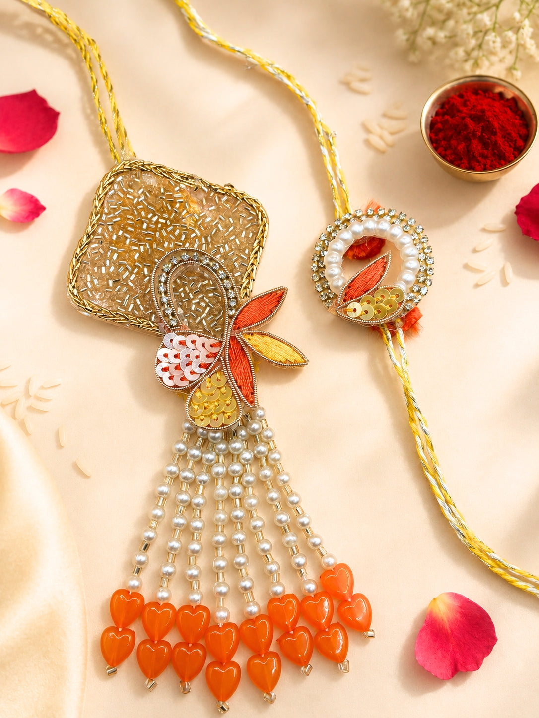 Sunshine Orange and Yellow Handwork Rakhi and Lumba Set For Bhaiya and Bhabhi